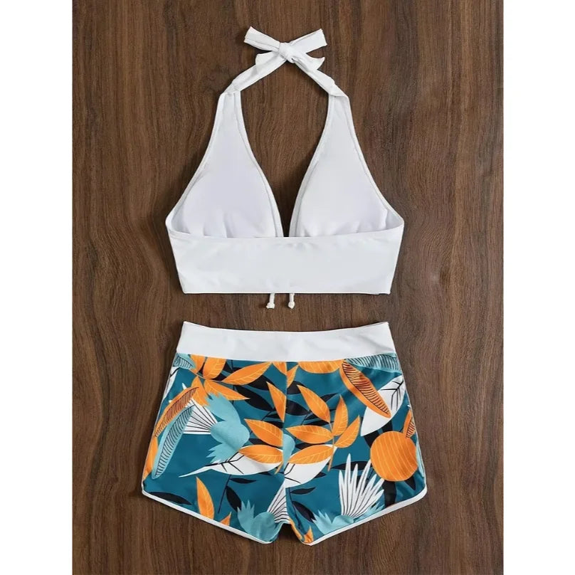 Europe and the United States swimsuit ladies print neck conservative flat Angle high waist split flat Angle bikini high waist