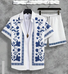 Hawaiian Shirt Set Men 3D Printed Blue White Porcelain Pattern Summer Fashion Casual Daily Oversized Shirt+shorts 2 Piece Set