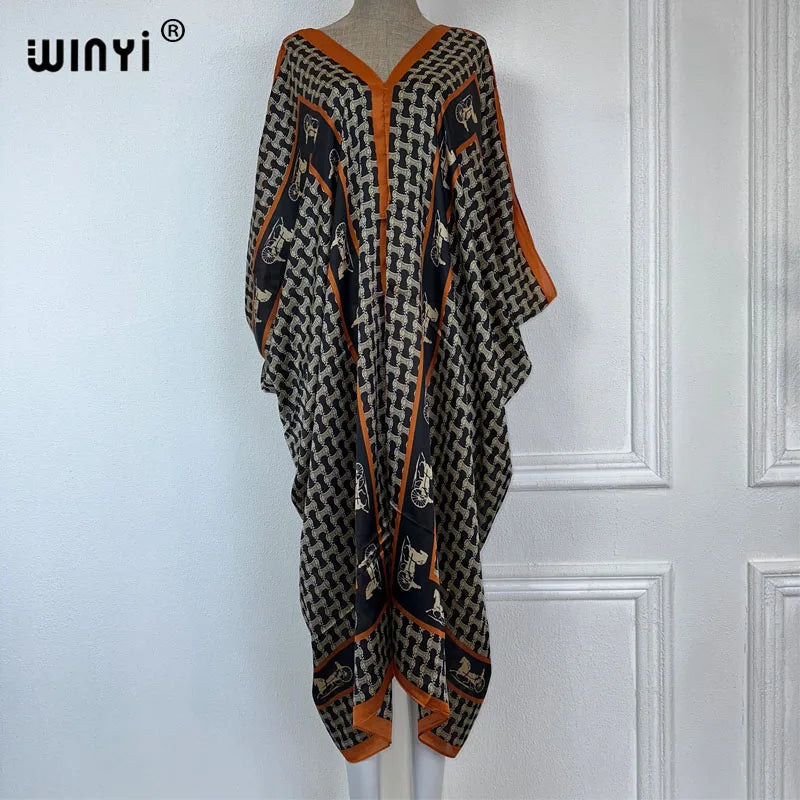 WINYI 2023 V-neck Africa Fashion Women Sexy Boho Casual silk Floral Vintage print Evening Party Beach cover up Long Maxi Dress