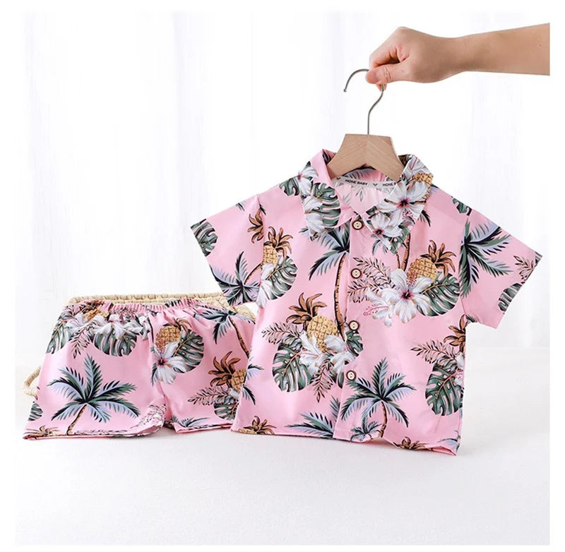 Summer Children Beach Shirt Set Boys Girls Baby Loose Printed Shirts Fashion Vacation Style Kid Short Sleeve+short Pants Outfits