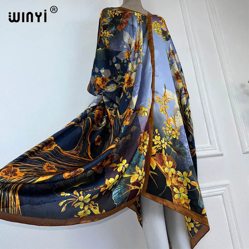WINYI 2023 V-neck Africa Fashion Women Sexy Boho Casual silk Floral Vintage print Evening Party Beach cover up Long Maxi Dress