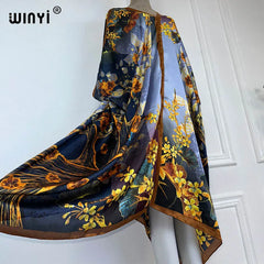 WINYI 2023 V-neck Africa Fashion Women Sexy Boho Casual silk Floral Vintage print Evening Party Beach cover up Long Maxi Dress