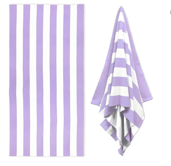 Pastel Cabana Stripe Beach Towel, Quick Dry Soft Cotton, Lavender, Pink & Yellow Striped Design for Summer Pool Use