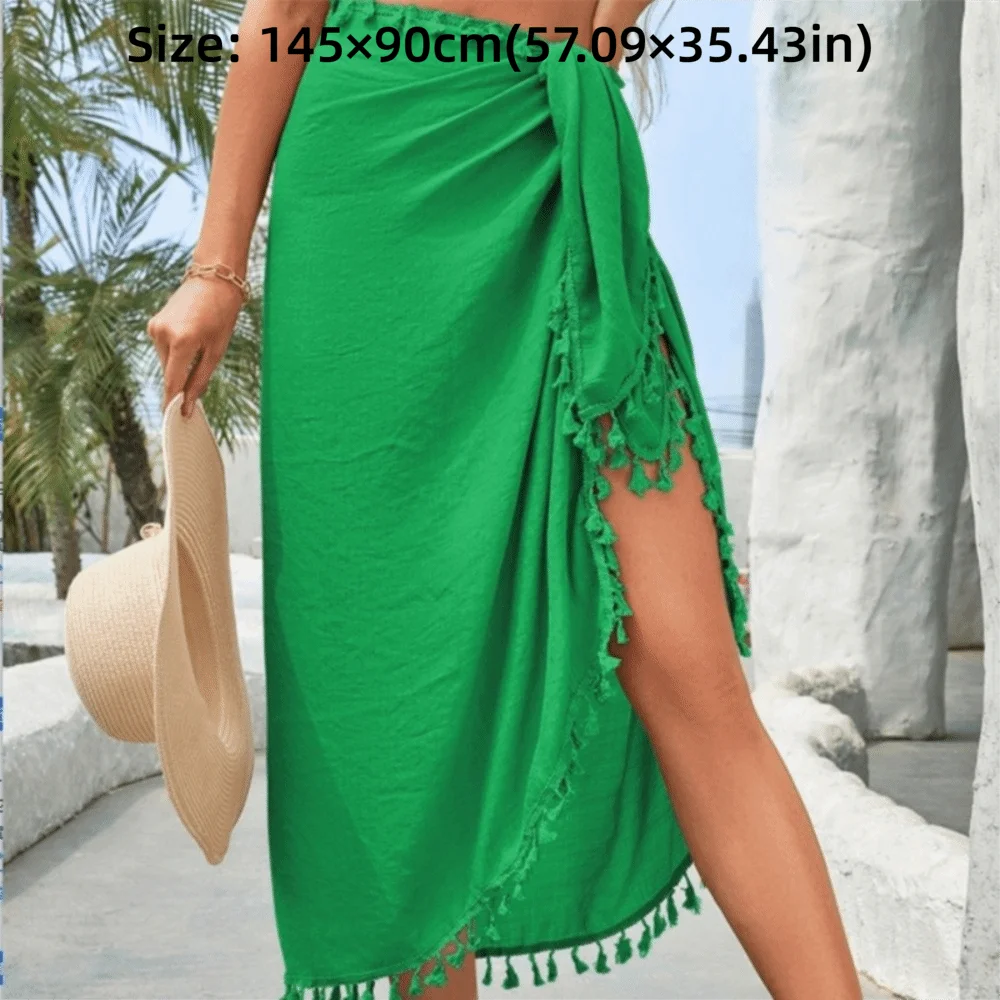 Solid Color Beach Wrap Skirt Sheer Design Quick Drying Sarong Beach Towel Knot Side Tassel Trim Bikini Cover Up