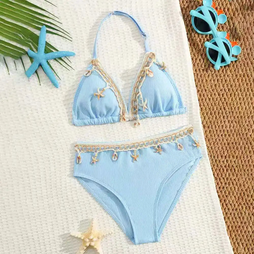 2026 Solid Girls Swimsuit Halter Triangle Bikinis Kids Swimwear Female Children's Bathers Bathing Swimming Swim Suit 8-12Y