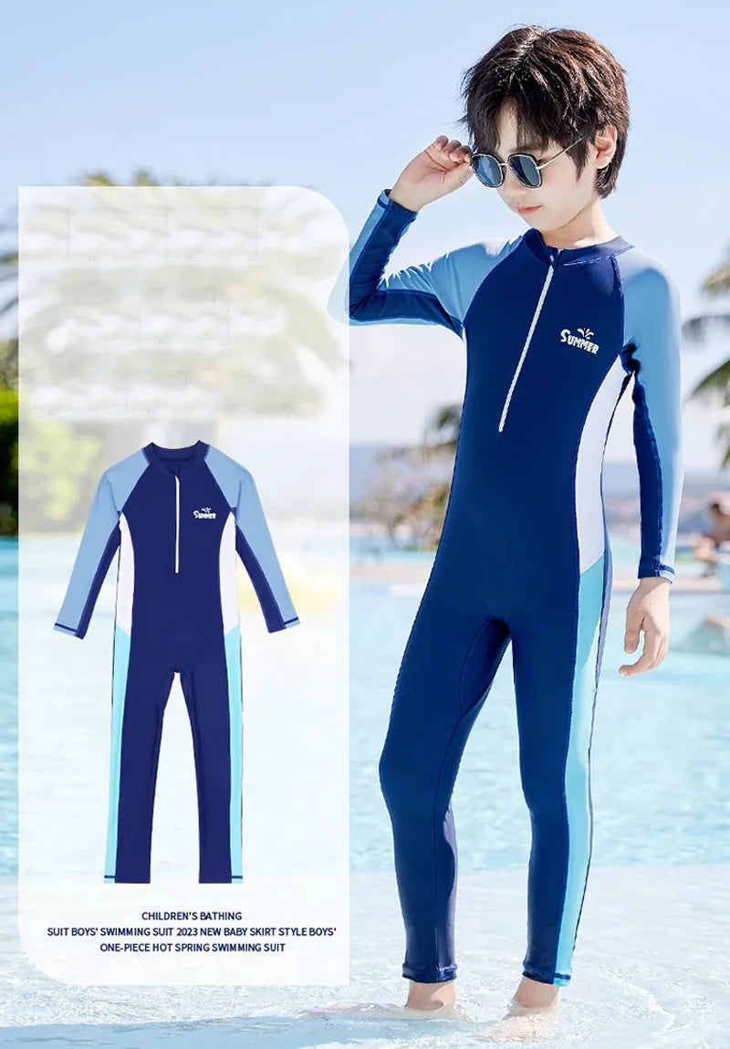 Full Body Boys Swimwear Sun Protection Kids Swimsuit One Piece Children Long Sleeve Bathing Suit Summer Swimming Pool Clothes