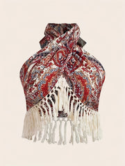 Paisley Print Fringed Edge Butterfly Knot Tie Back Hanging Neck Top Women's Bohemian Style off Shoulder Casual Fashion