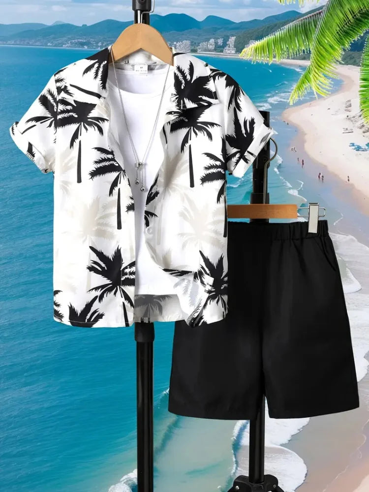 Men's Short-sleeved Shirt Set Blue Ocean Palm Tree Print Hawaiian Seaside Vacation Style Shirt Set
