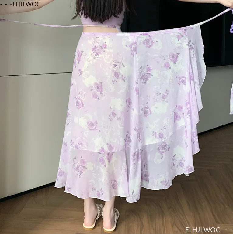 Wrap Up Chic Korea Clothes Women Cute Girls Floral Robe Holiday Beach Date High Waist Retro Vintage One-Piece Lace-Up Skirts