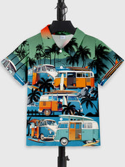 Summer Kids Hawaiian Shirt with Car Element Print Fashion Short Sleeve Casual Shirt Suitable for Leisure Activities And Vacation