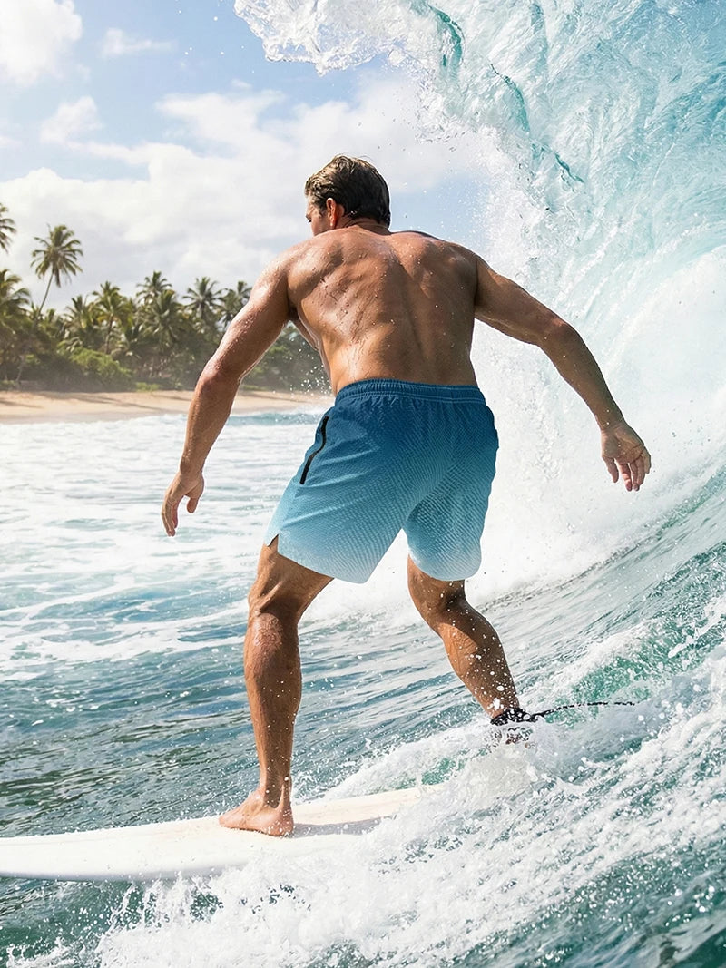 Men's Seersucker Beach Shorts with Mesh Liner Summer Casual Board Shorts with Zipper Pockets Quick Dry Swim Shorts Swim Trunks