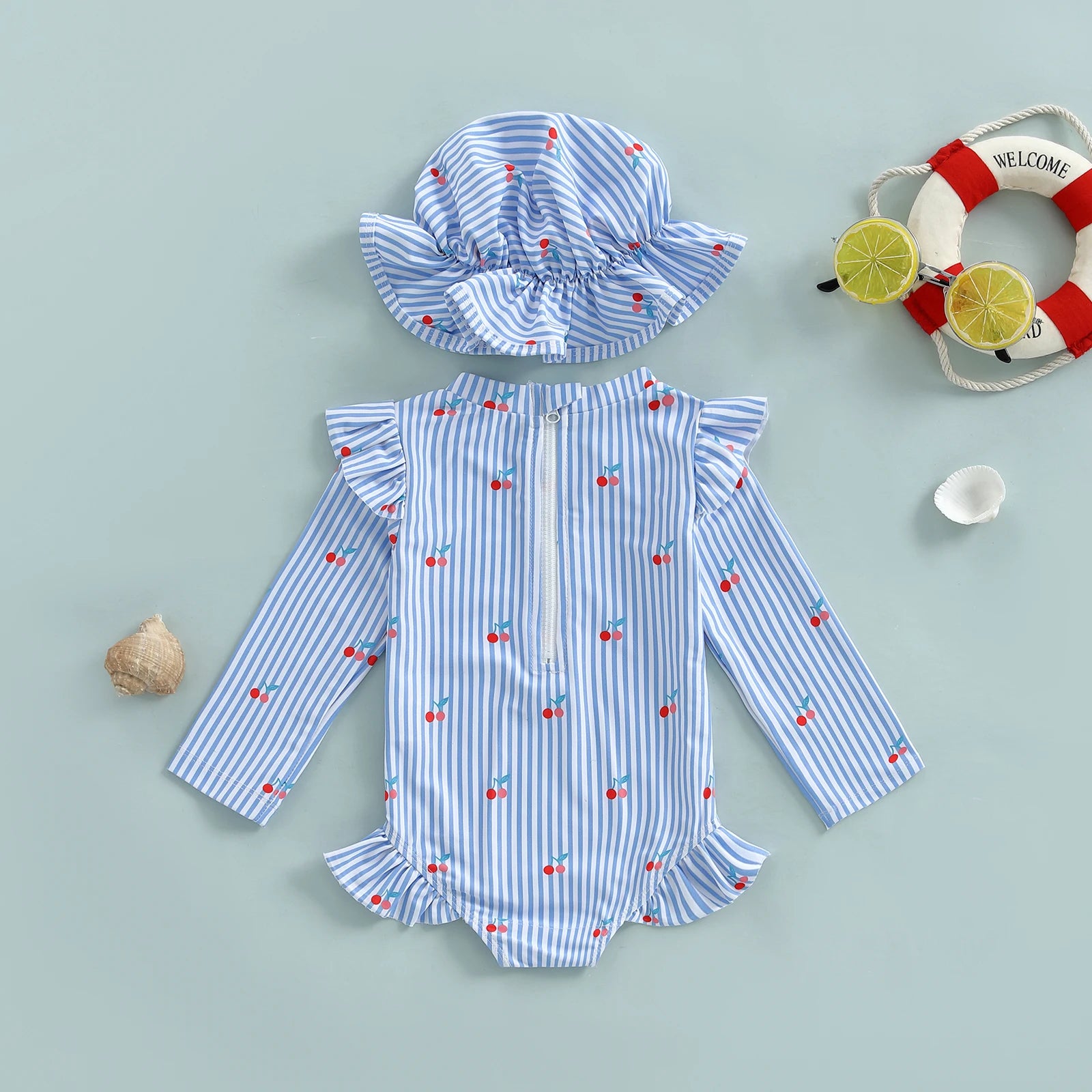 Children Baby Girl Rash Guard Long Sleeve Swimwear with Sun Hat Bathing Suit Infant Swimsuit Newborn 2 Piece Beachwear