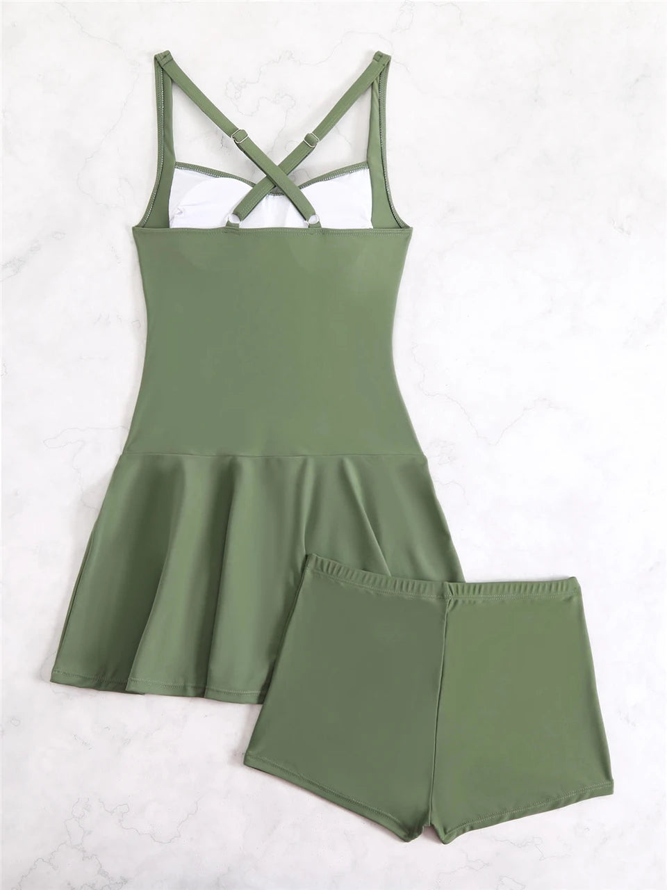 Solid Two Pieces Swimsuit Women Ruched Tankini Beach Dress Swimwear With Shorts Female Bathers Bathing Swimming Suit Summer