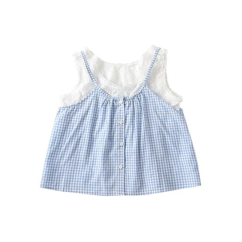 Beachwear Family Look Outfits Blue Plaid Shirt Lace Decor Camis White Shorts Skirt Parent-child Matching Clothes Soft Streetwear