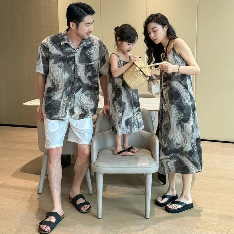 2025 Vacation Look Family Clothes Couple Beach Wear Brother Sister Dad Son Print Shirts Mom Daughter Matching Sleeveless Dress