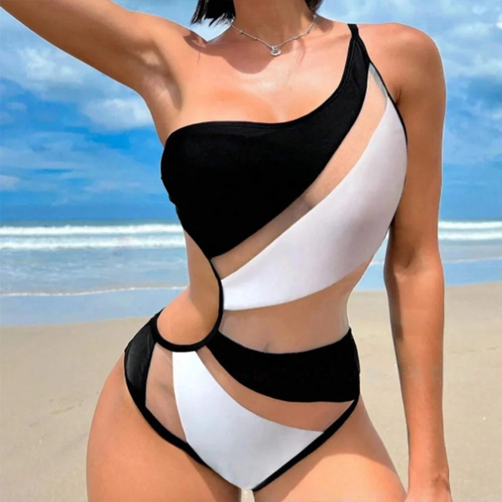 Women One-Piece Swimsuit One-shoulder Mesh Hollow Out Spliced Bathing Suit Beachwear Black White Bikini Swimwear