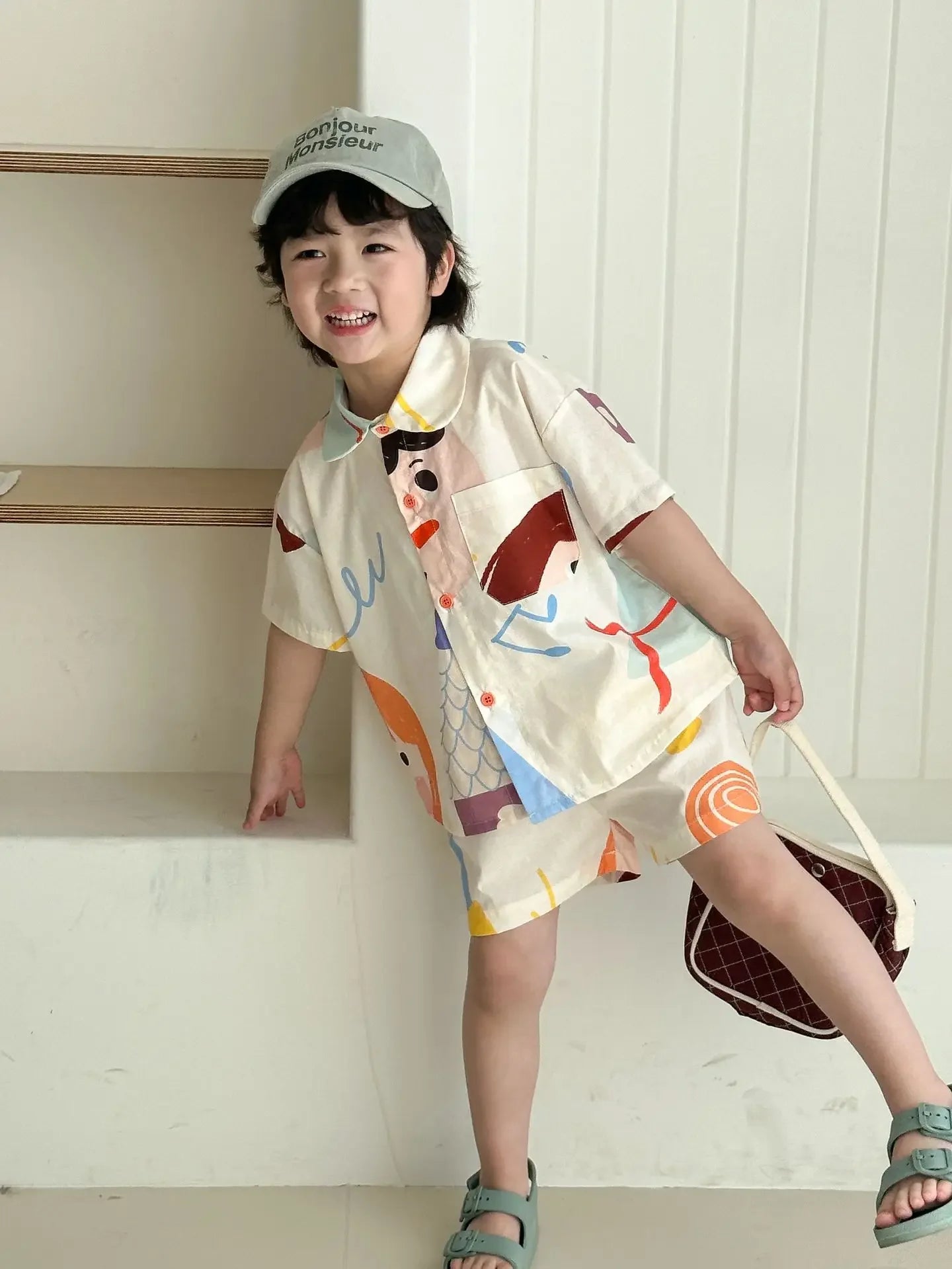 Kids Set Brother And Sister Clothes 2025 Summer New Boy's Two Piece Suit Or Short Sleeve Girl's Graffiti Dress Cartoon Clothes