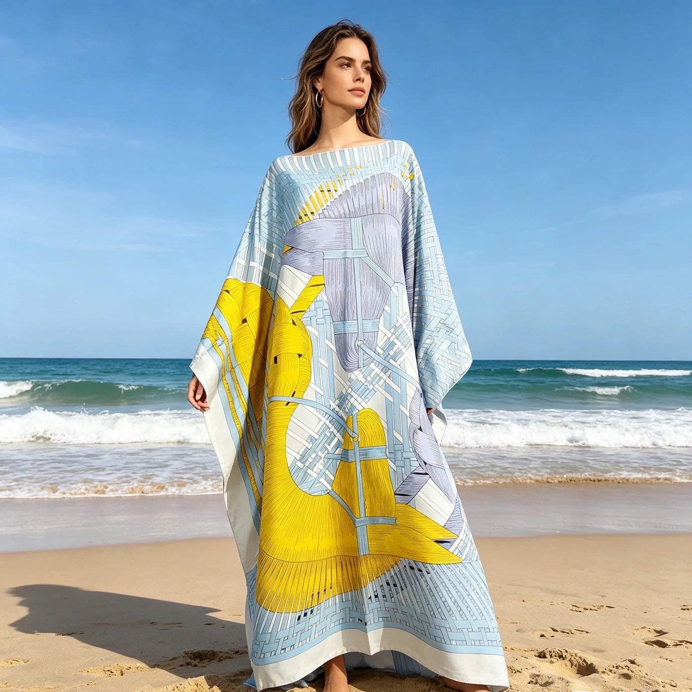 African Dresses For Women Oversize Traditional Muslim Twill Silk Abaya Kaftan Dress Bohemian Summer Printed Beach BouBou Clothes