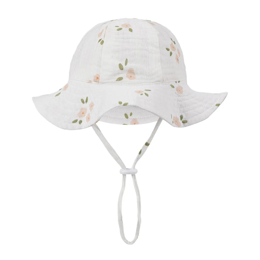 Floral Print Baby Bucket Hats Adjustable Solid Caps for Infant Boys Girls Sunscreen Outdoor Beanies Beach Fishing Headwraps