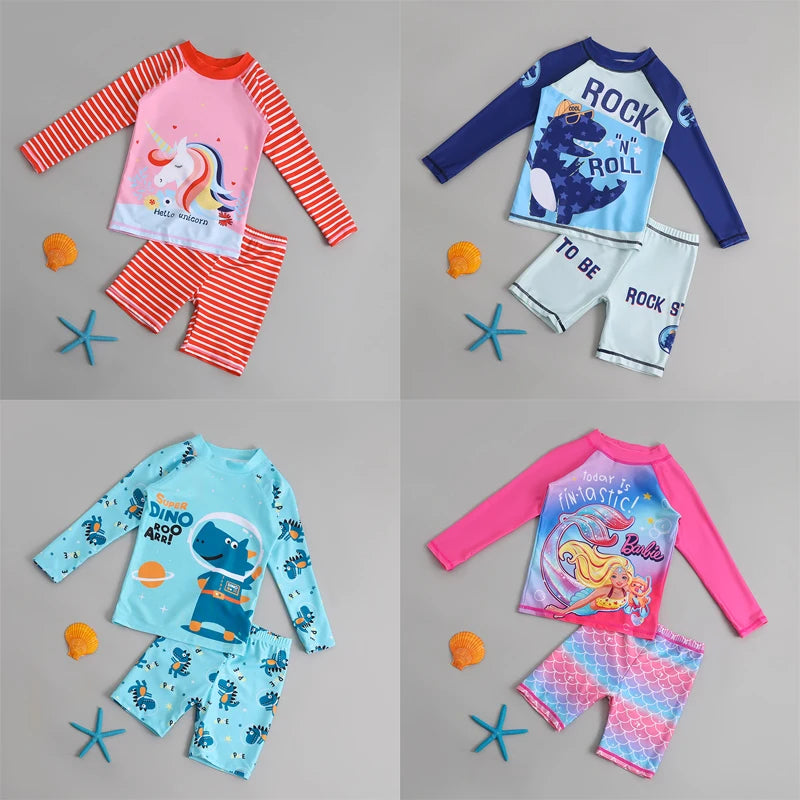 Boys Girls Cartoon Cute Swimwear Spring Summer Beach Clothing Set Sun Protection Long Sleeve Swimming Suits Kids Bathing Suit