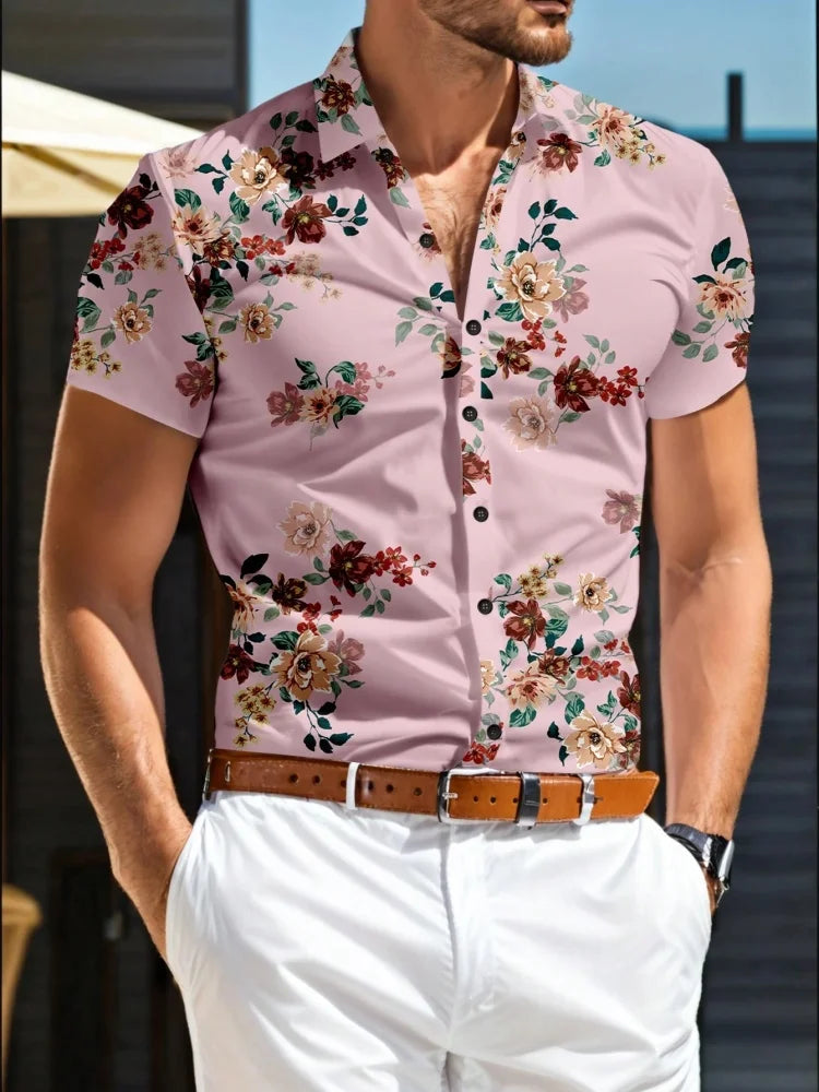 Summer Men's Lapel Shirt Tropical Simple Floral Print Hawaiian Style Street Trend Casual Single-breasted Short-sleeved Shirt