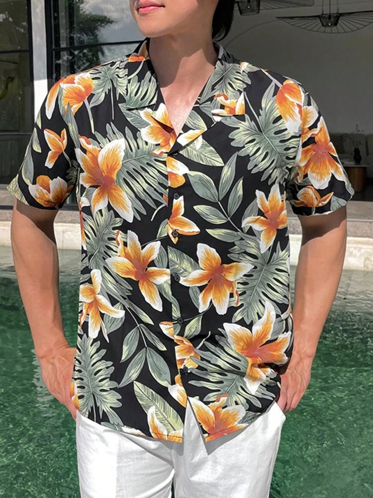 Summer Men's Lapel Shirt Tropical Simple Floral Print Hawaiian Style Street Trend Casual Single-breasted Short-sleeved Shirt