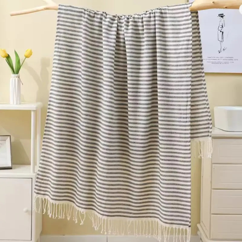 100x200cm Blue Stripes Tassel Turkish Beach Towel Extra Large Thickened Absorbent Fitness Fringed Bath Towel for Outdoor Use