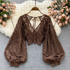 Frenchic Sexy Blusas Mujer Crochet Lace Sheer Women Tops V-neck Lantern Sleeve Backless Lace-up Ladies Elegant Blouse