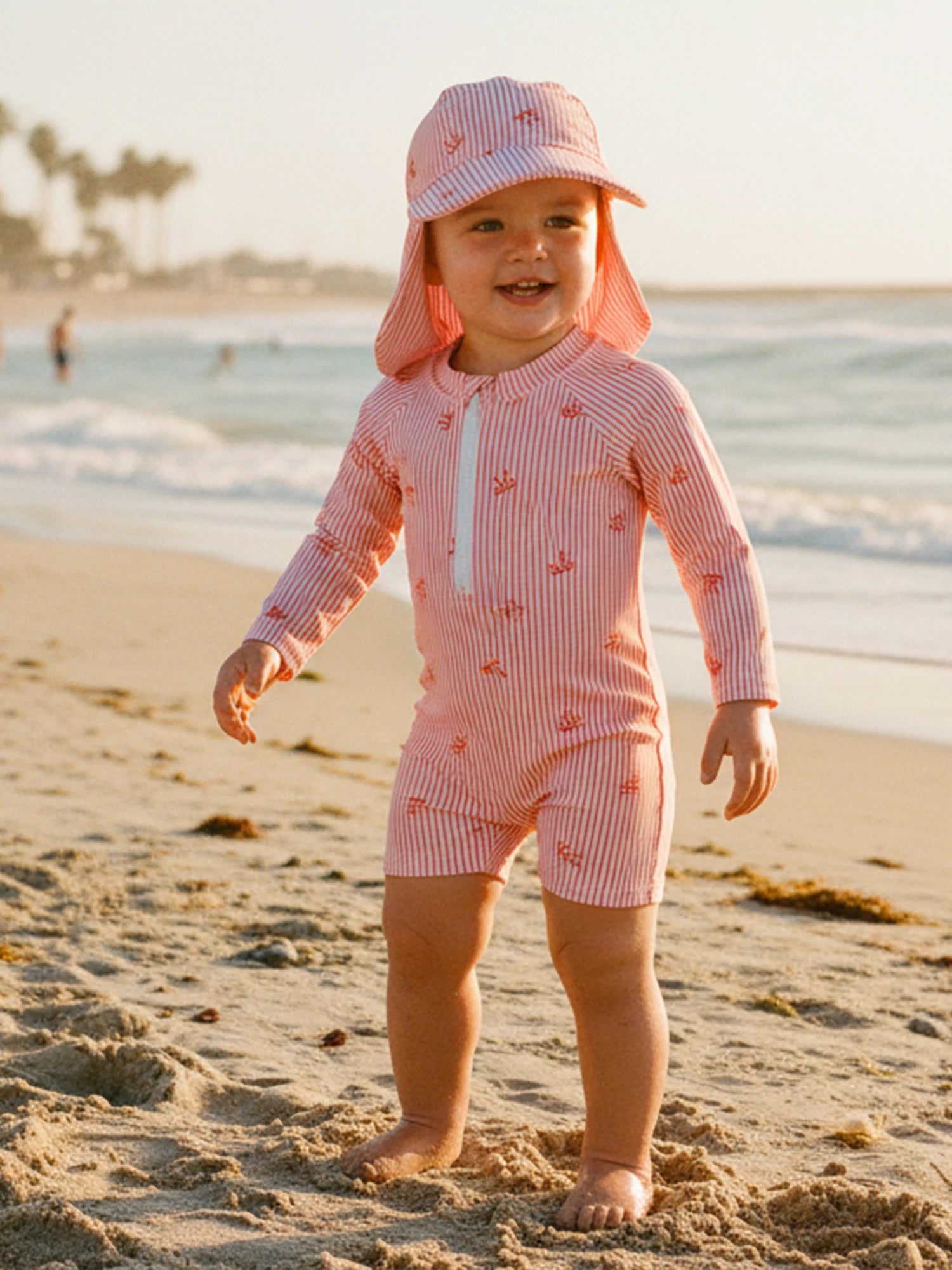 0-24M Newborn Baby Girl Rash Guard Swimsuit Cute Fashionable Striped Bow Printed Long Sleeve Swimwear with Hat