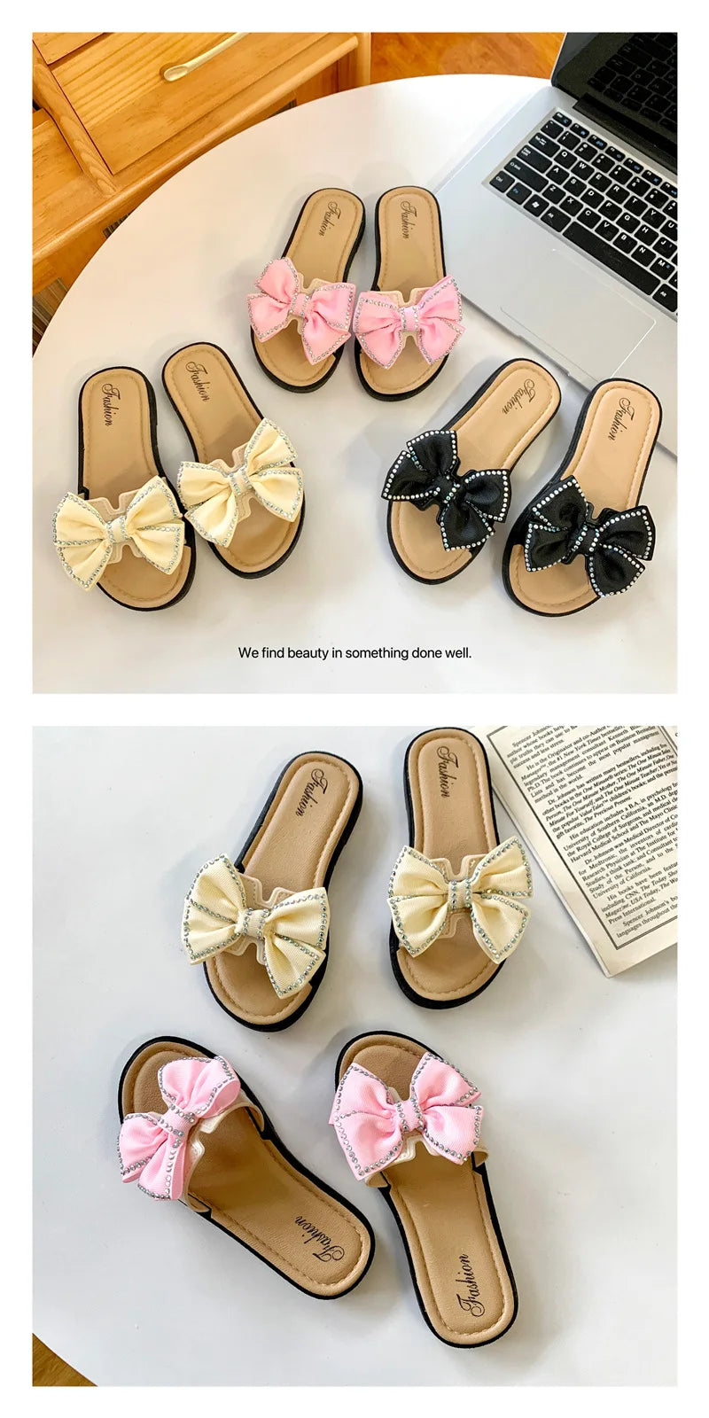 2026 New Bow Flats Open Toe Slide Sandals Non-slip Flip Flops Children Home Slippers Kids Girls Summer Cute Beach Slippers Shoe