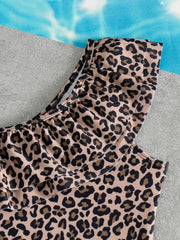 Girls' Off-Shoulder Ruffled One-Piece Swimsuit Children's Leopard Print Pool Beachwear