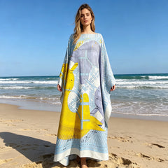 African Dresses For Women Oversize Traditional Muslim Twill Silk Abaya Kaftan Dress Bohemian Summer Printed Beach BouBou Clothes