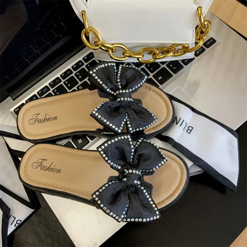 2026 New Bow Flats Open Toe Slide Sandals Non-slip Flip Flops Children Home Slippers Kids Girls Summer Cute Beach Slippers Shoe