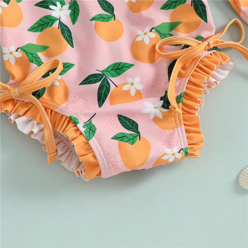 Infant Toddler Newborn Baby Girl Swimsuits Flower Fruit Print Ruffles Rash Guard Swimwear and Swim Cap for Toddler Bathing Suits