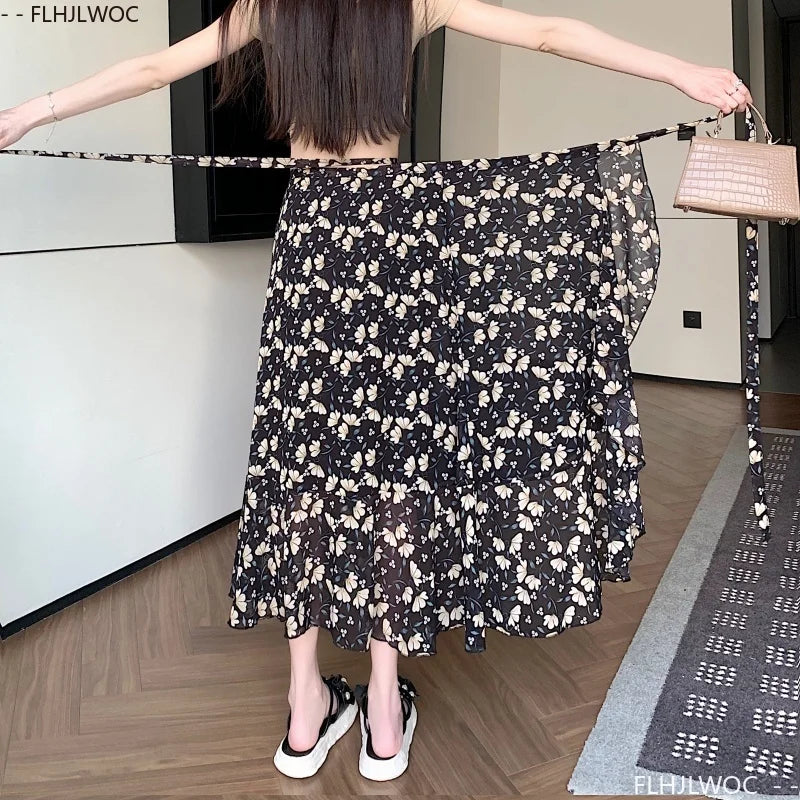Wrap Up Chic Korea Clothes Women Cute Girls Floral Robe Holiday Beach Date High Waist Retro Vintage One-Piece Lace-Up Skirts