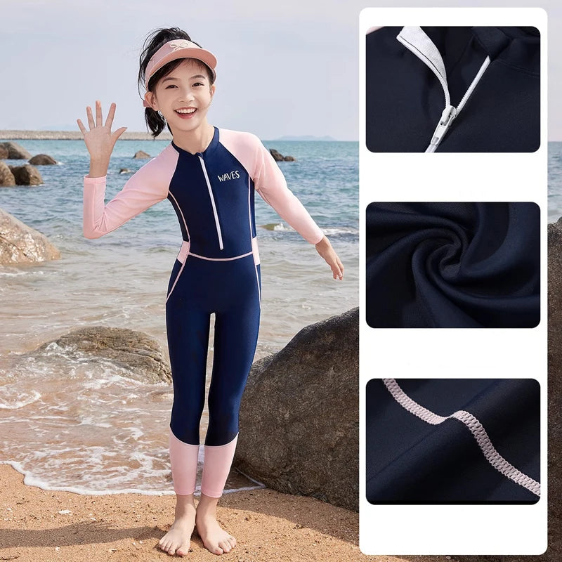 Sun Protection One Piece Girls' Swimsuit Girl Kids Swimming Suits Long Sleeve Childrens Bathing Suit Beachwear Surfing