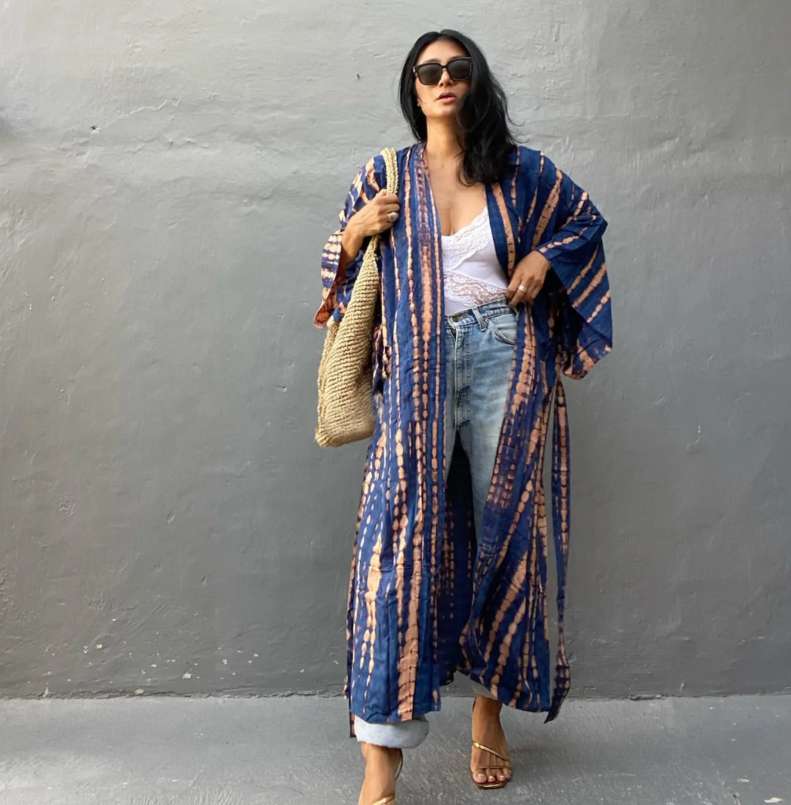 Women's Boho Stripe Tie Dye Swimsuit Cover Up with Belt Tunic Sarong Cardigan Dress Bikini Cover-ups Beach Wear Kimono