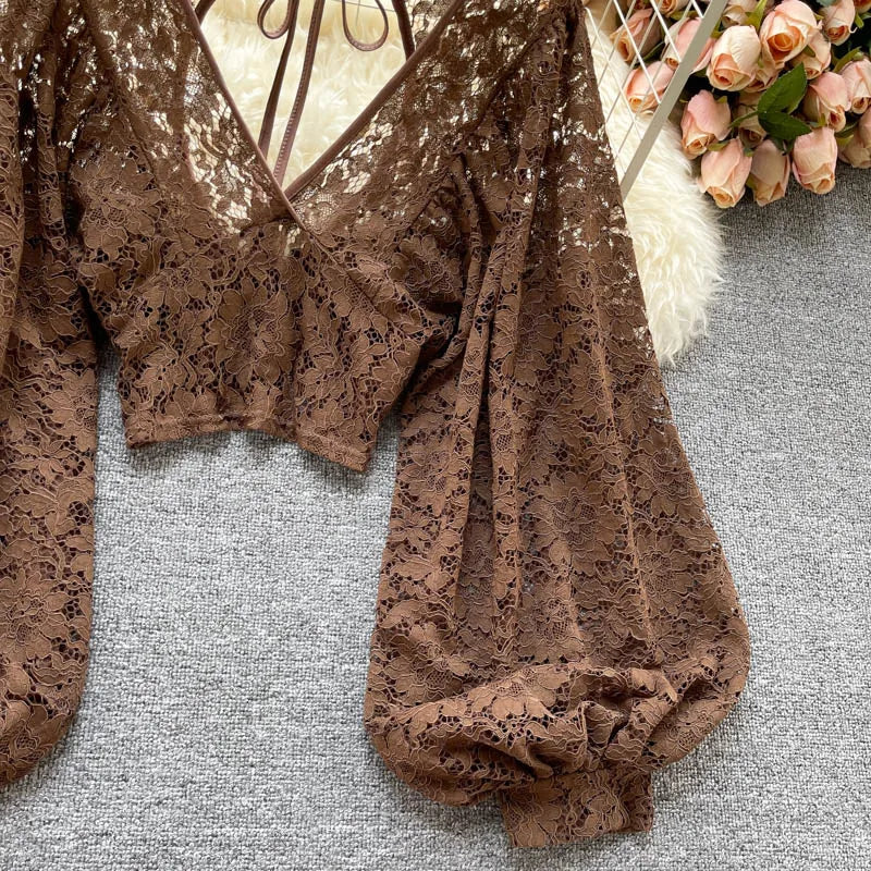 Frenchic Sexy Blusas Mujer Crochet Lace Sheer Women Tops V-neck Lantern Sleeve Backless Lace-up Ladies Elegant Blouse