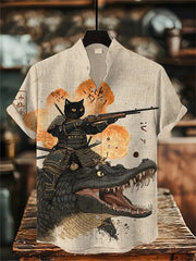 Men's short-sleeved shirt with cat and dinosaur print, casual and stylish vacation-style men's top, fashionable Hawaiian design.