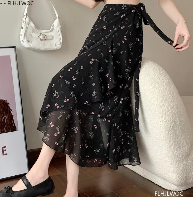 Wrap Up Chic Korea Clothes Women Cute Girls Floral Robe Holiday Beach Date High Waist Retro Vintage One-Piece Lace-Up Skirts