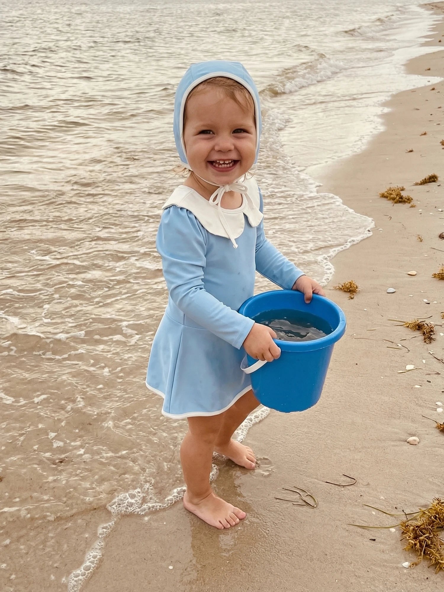 1-6T 3Pcs Little Girls Swimsuit Set Doll Collar Long Sleeve Contrast Color Rash Guard Swimwear Skirt and Hat