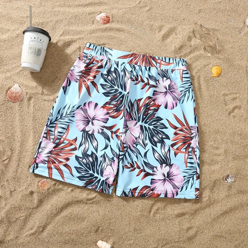 2024 New Mom Daughter Swimwear Floral Pattern Ruffle One-Piece Swimsuit Dad Son Swim Shorts Family Matching Outfits Beach Wear