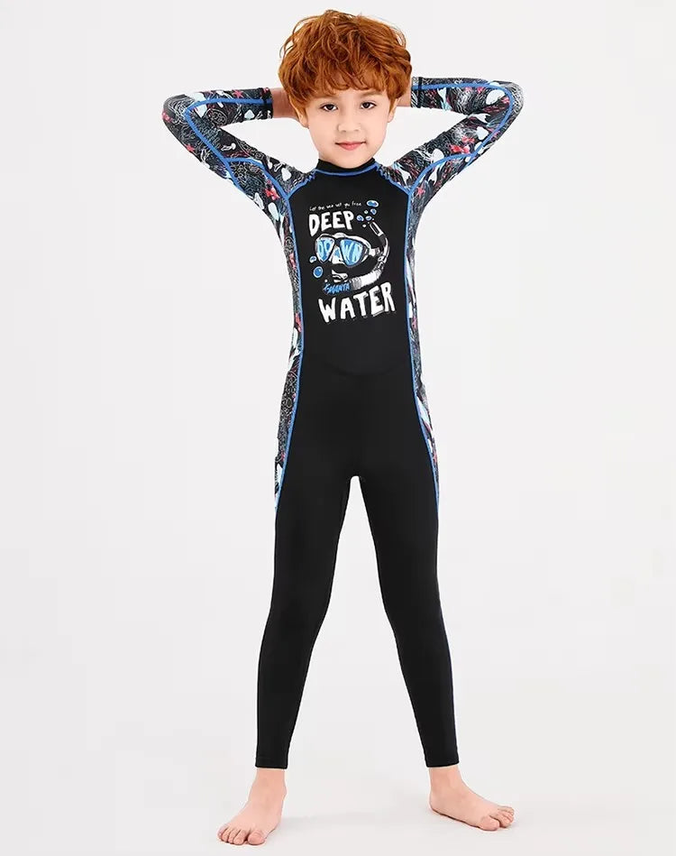 Girl Boy Swimwear Zipper One Piece Suit Kids Sunscreen Quick Drying Long Swimsuit Beachwear Bathing Suit(Including Swimming Cap)