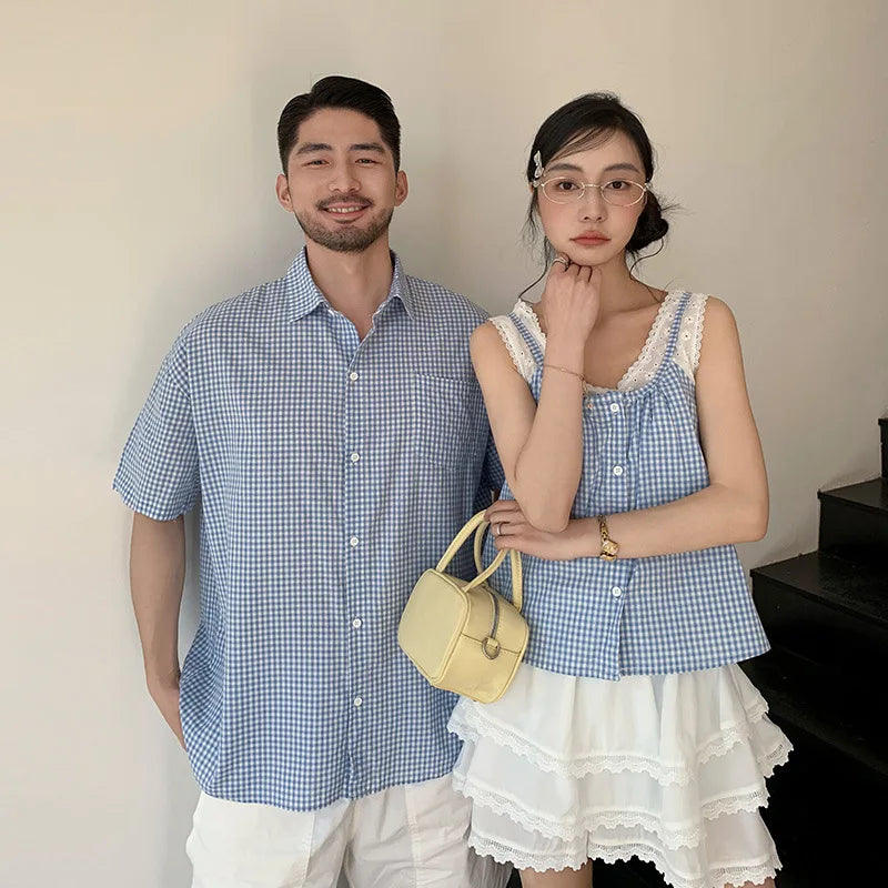 Beachwear Family Look Outfits Blue Plaid Shirt Lace Decor Camis White Shorts Skirt Parent-child Matching Clothes Soft Streetwear