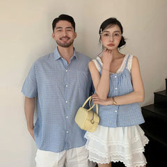 Beachwear Family Look Outfits Blue Plaid Shirt Lace Decor Camis White Shorts Skirt Parent-child Matching Clothes Soft Streetwear