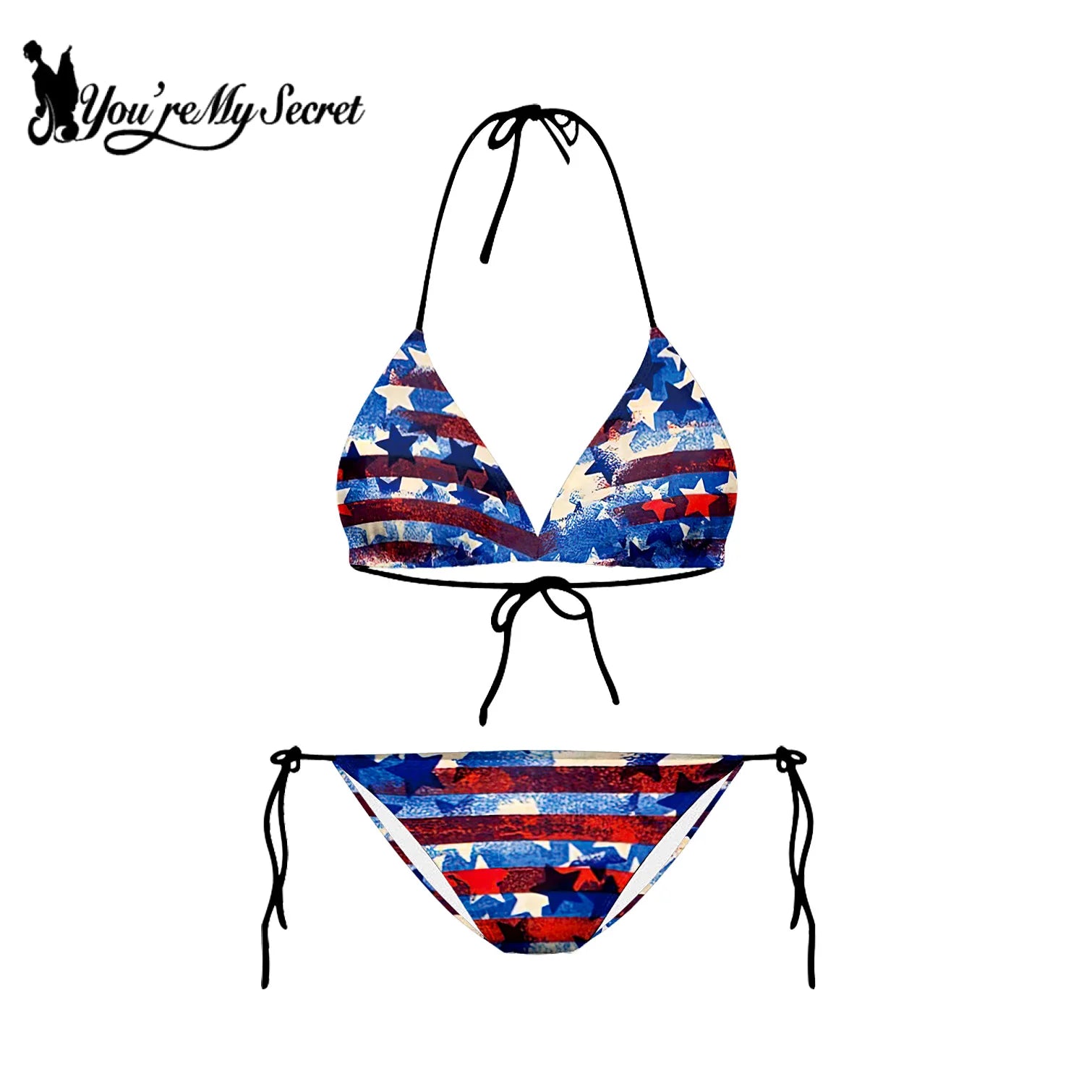 [You're My Secret] Women USA Flag Print Two Piece Bikini Set Halter Triangle Tie Side Swimsuit Summer Beach Pool Party Swimwear