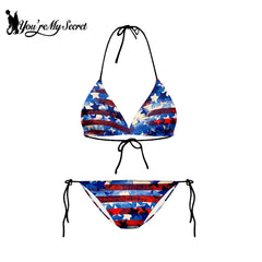 [You're My Secret] Women USA Flag Print Two Piece Bikini Set Halter Triangle Tie Side Swimsuit Summer Beach Pool Party Swimwear