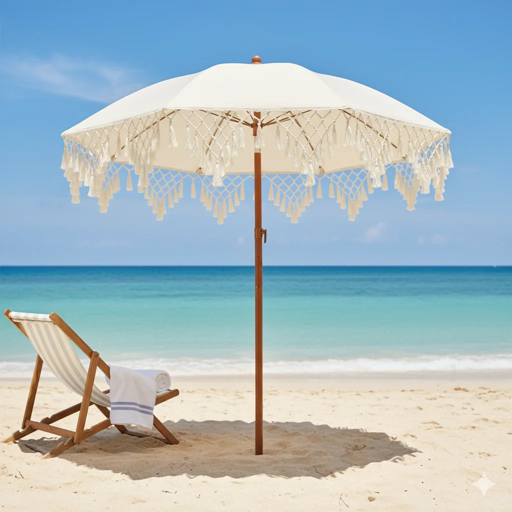 Triangle Fringe Decorated UPF50+ Outdoor Sunshade Umbrella Rotatable for Courtyard Beach Sun Protection No Base Included