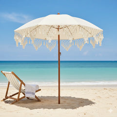 Triangle Fringe Decorated UPF50+ Outdoor Sunshade Umbrella Rotatable for Courtyard Beach Sun Protection No Base Included