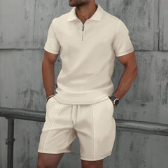 Men Europe and the United States New Summer Waffle Solid Color Zip-Up Lapel Short-Sleeve Suit Shorts Two Sets